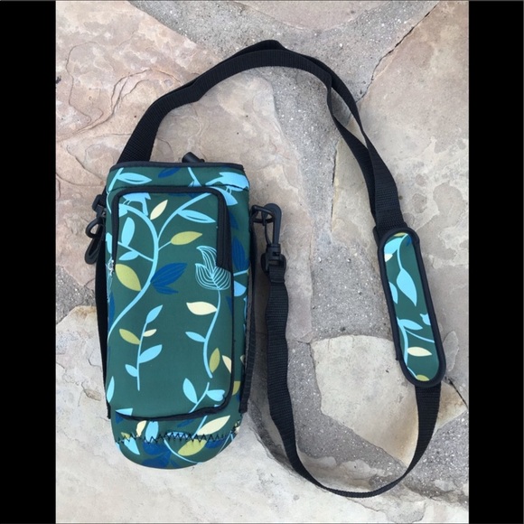 SOLD OUT.        Neoprene Water Bottle & Phone Holder Blue Green Birds Print New - Picture 3 of 16